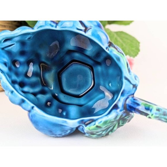 Indigo Blue Ceramic Footed Creamer Pitcher Embossed Fruit Grapes Leaves Inarco - Picture 6 of 8